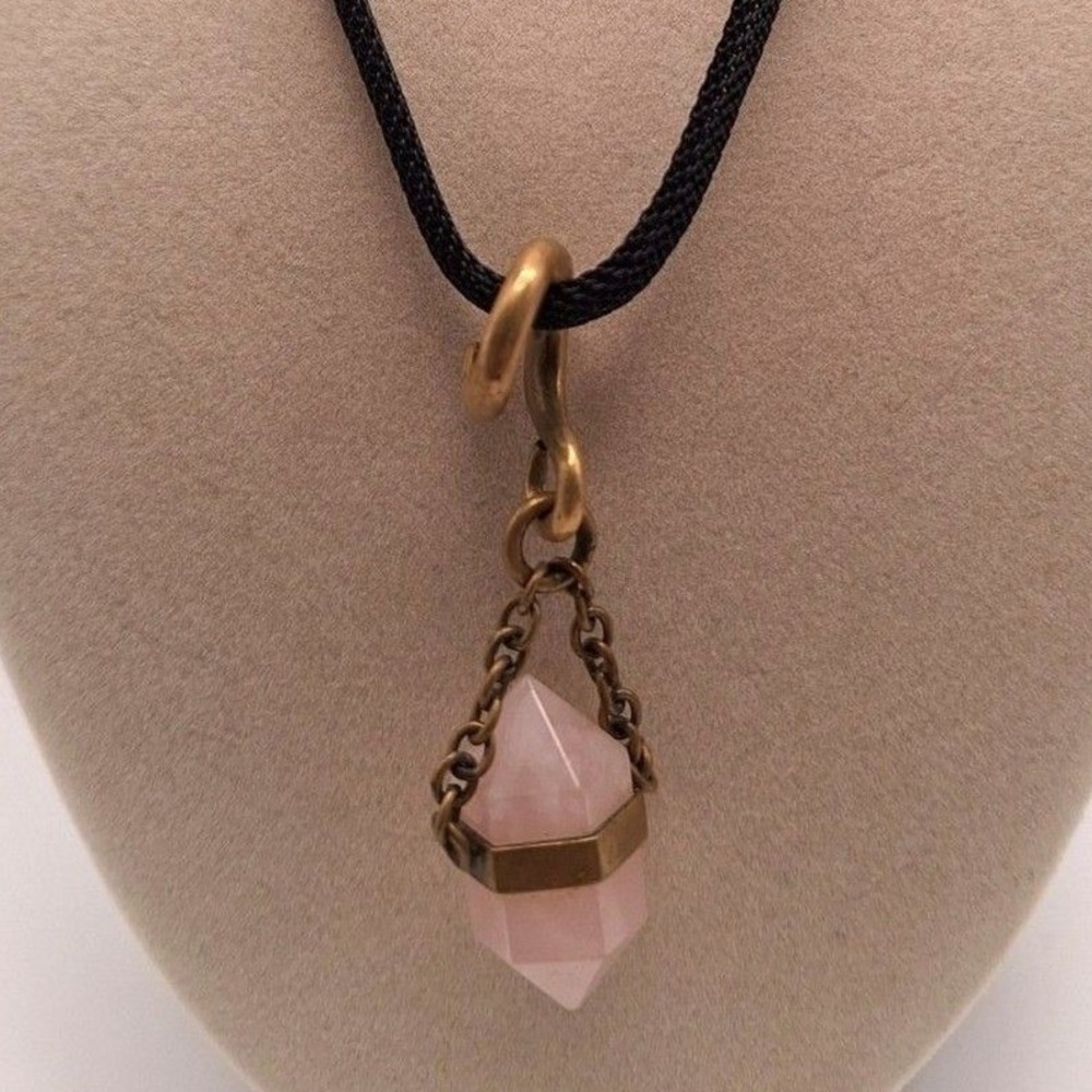 Rose quartz necklace dangle drop black mesh chain 17 inches 3 inch extender